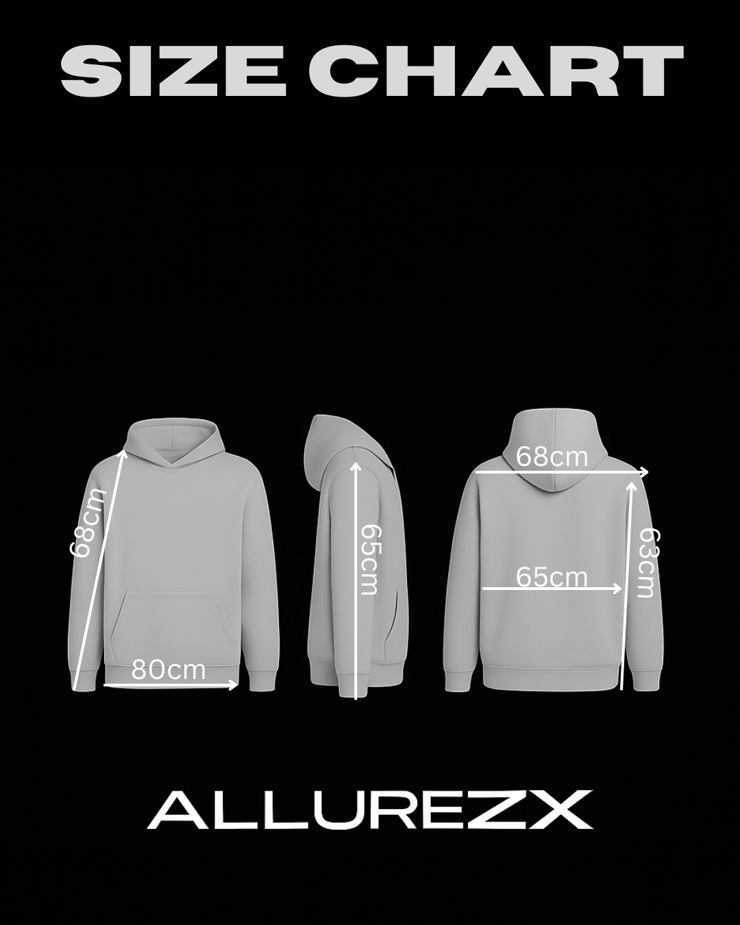 Size chart for AllureZX reflective hoodie showing measurements for slim fit in centimeters.
