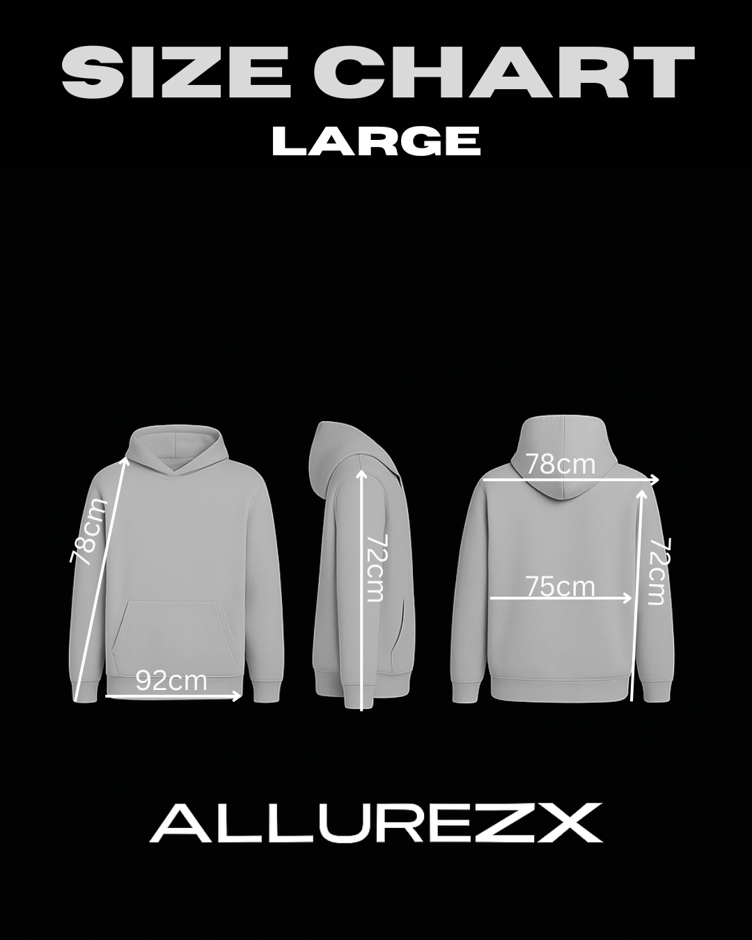 Size chart for Allure Reflective Hoodie in large, showing measurements for improved fit guidance.
