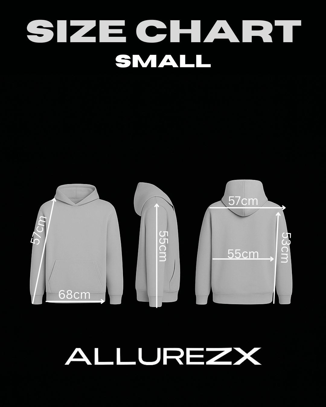 Size chart for Allure ZX hoodie in small, showing dimensions in centimeters from various angles.
