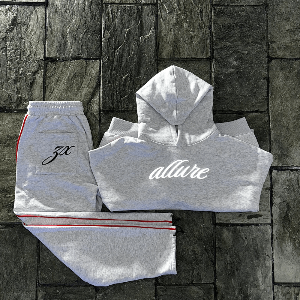 Allure reflective hoodie and tracksuit in grey, featuring ZX embroidery and red fabric stripe, made of 406 GSM cotton.