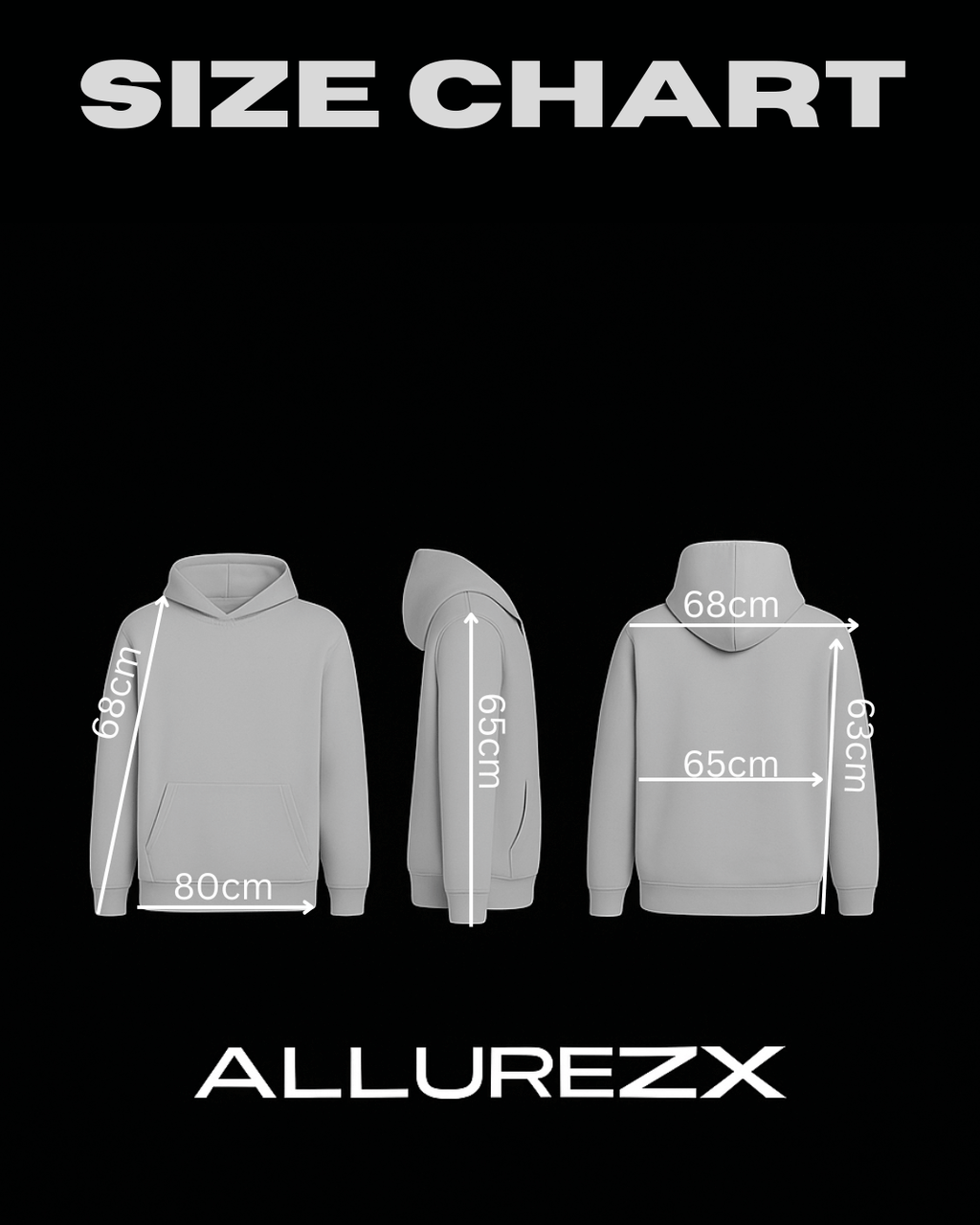 Size chart for AllureZX reflective hoodie showing measurements for slim fit in centimeters.